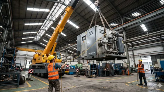Proses lifting kompresor industri besar di fasilitas Atlas Copco