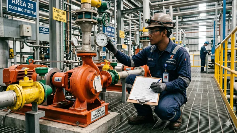 Teknisi melakukan pengecekan maintenance pada mesin industri