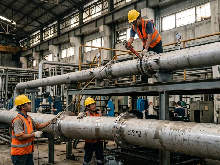 Tim teknisi melakukan instalasi peralatan industri
