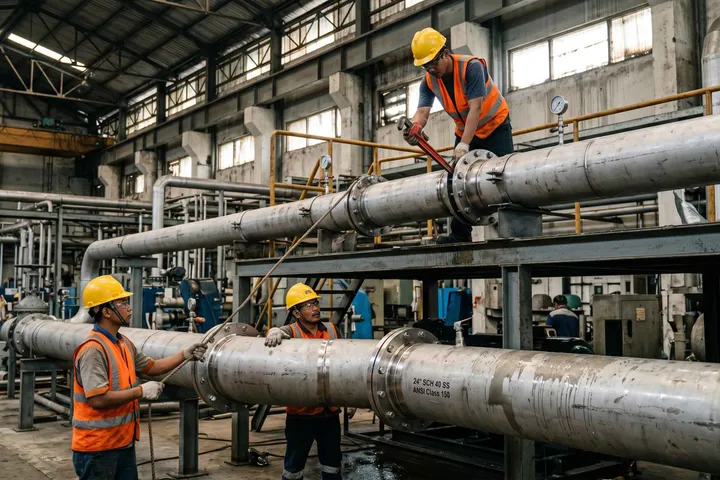 Tim teknisi melakukan instalasi peralatan industri