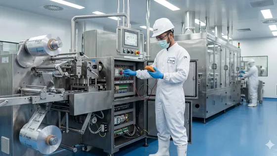 Teknisi melakukan maintenance pada lini produksi farmasi