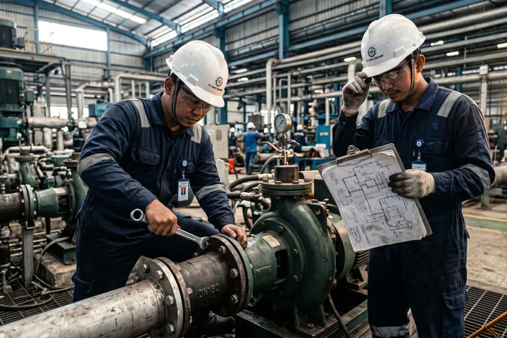 Teknisi melakukan perawatan mesin industri