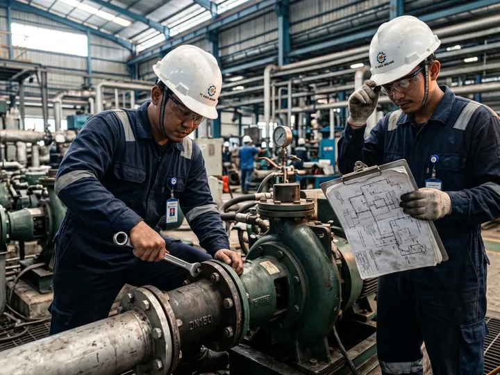 Teknisi melakukan perawatan mesin industri