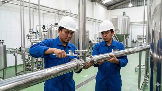 Instalasi sistem perpipaan stainless di fasilitas produksi F&B